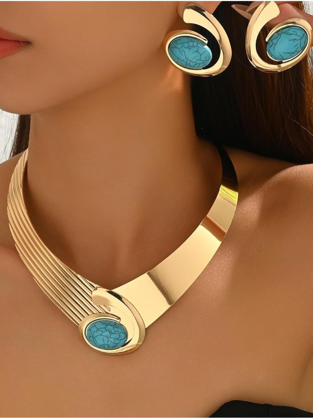 Color Gold Necklace and Turquoise Accent Earrings Set